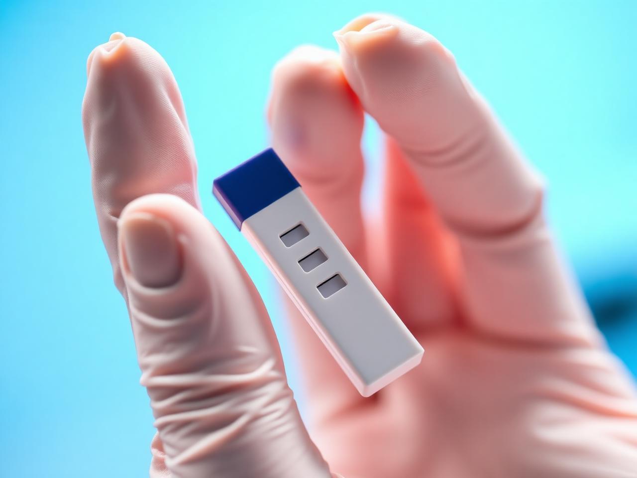 Gloved hands holding a rapid point-of-care test cassette